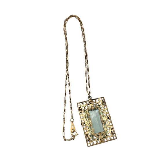 Artistry Green Glass Filigree Framed Pendant Necklace Enamel & Faux Pearl Accent - Picture 4 of 16